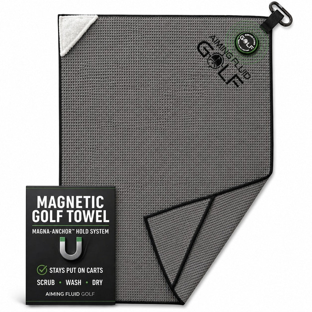 Aiming Fluid Golf grey waffle weave magnetic golf towel with black trim and carabiner clip.