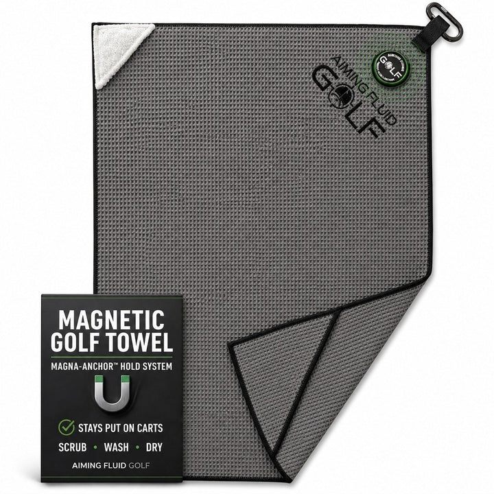 Aiming Fluid Golf grey waffle weave magnetic golf towel with black trim and carabiner clip.