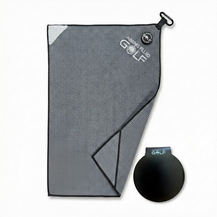 Grey Stubby magnetic golf towel with Magna-Anchor attachment and steel-core Landing Pad dock.