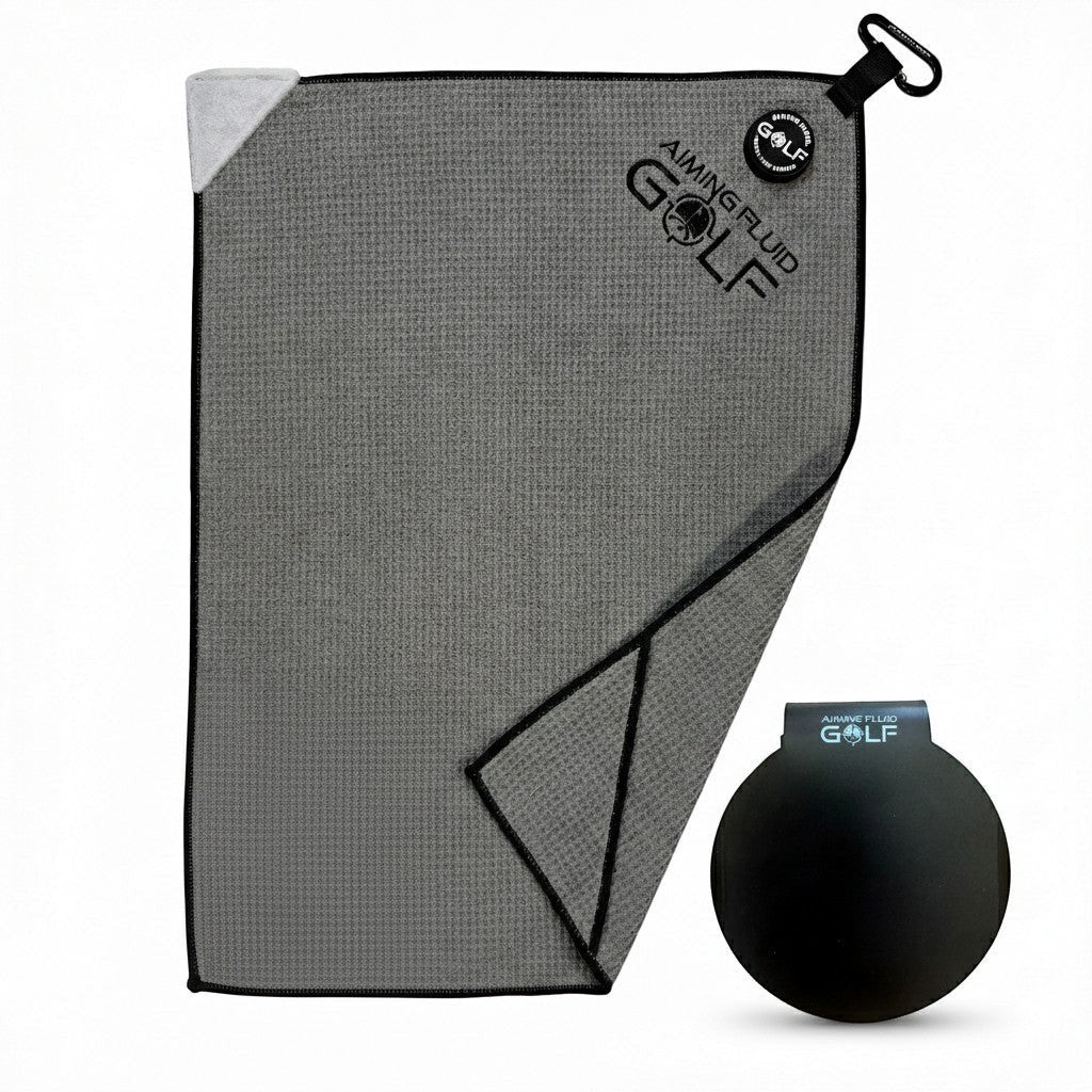 Grey Stubby 16x24 magnetic golf towel with steel-core Landing Pad for compact golf bag setup.