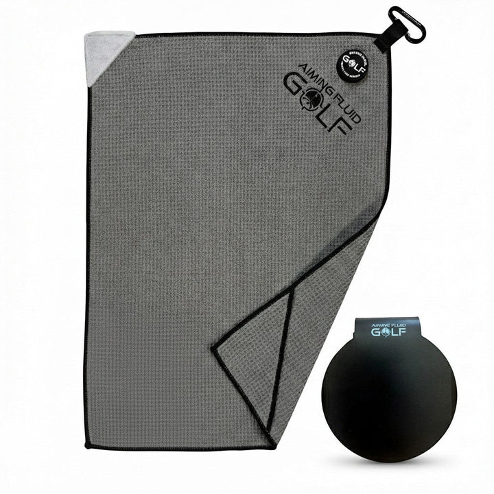 Grey Stubby 16x24 magnetic golf towel with steel-core Landing Pad for compact golf bag setup.