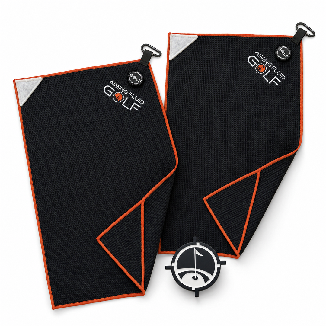 Two Aiming Fluid Golf Hazard Orange magnetic golf towels with black and white ball marker