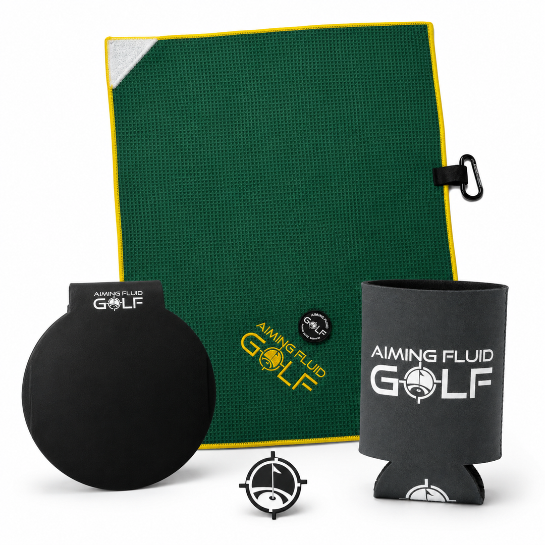 Aiming Fluid Golf bundle with large green towel, Landing Pad, slate grey koozie and ball marker