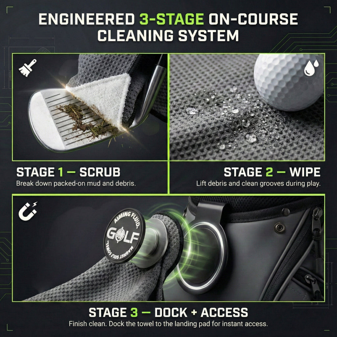 Stubby magnetic golf towel system showing Scrub Wash Dry cleaning and Landing Pad docking.