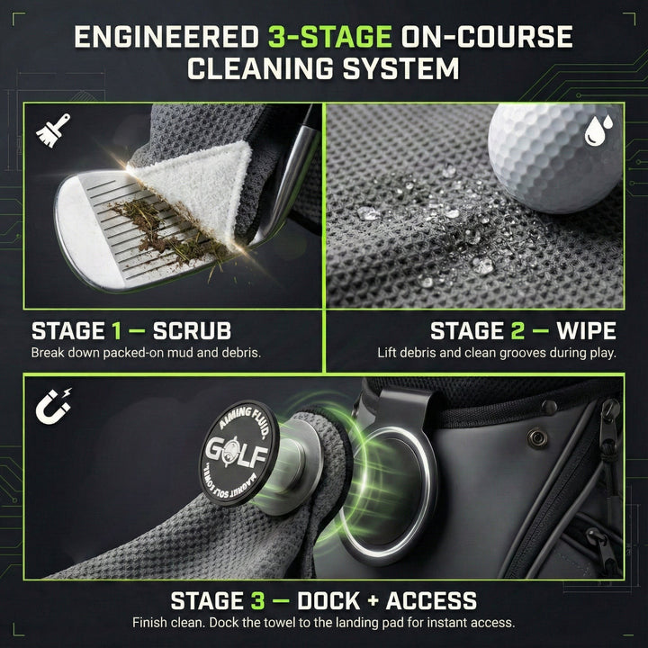 Stubby magnetic golf towel system showing Scrub Wash Dry cleaning and Landing Pad docking.