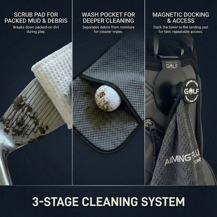 Stubby compact magnetic golf towel system with scrub pad, wash pocket, ball pocket, and bag dock.