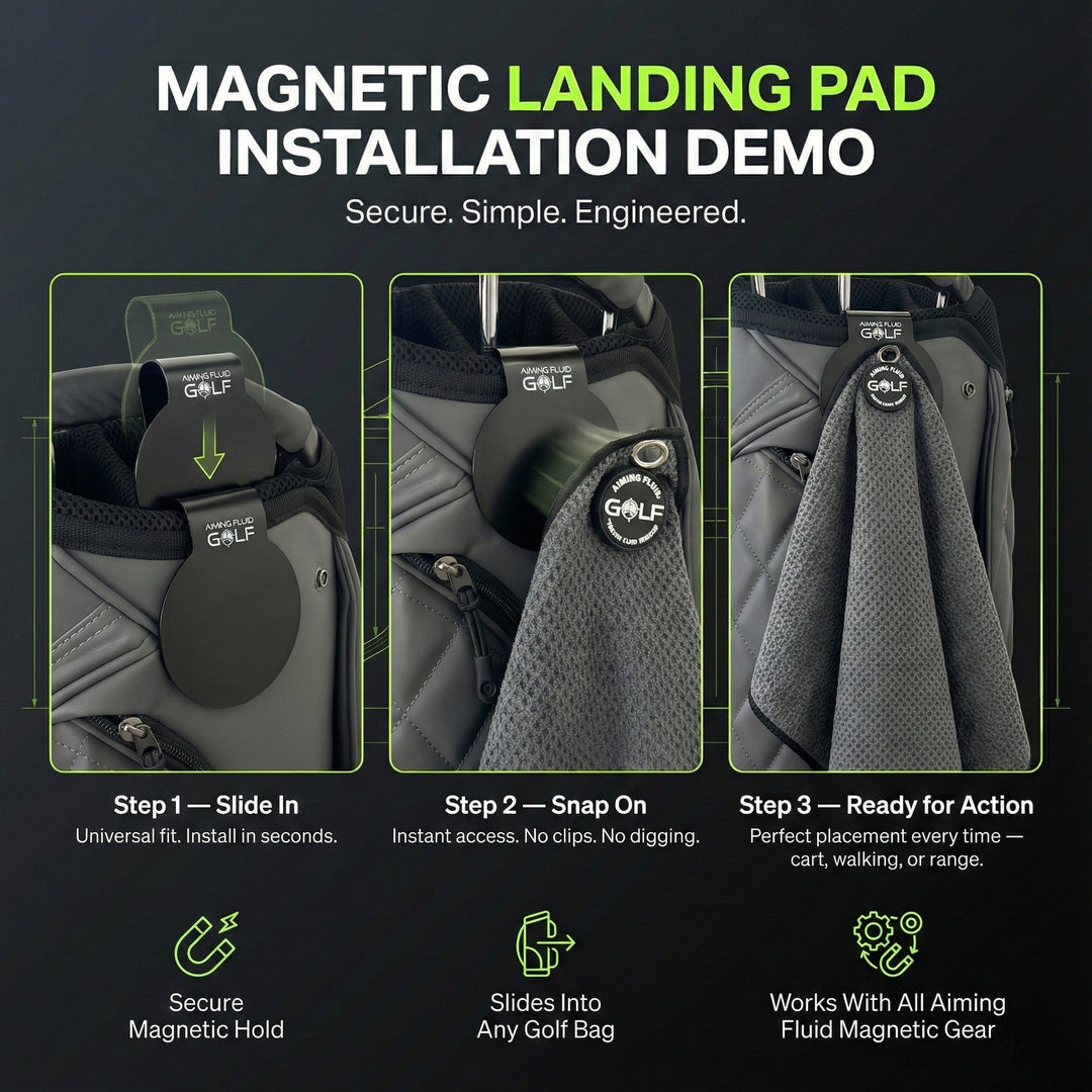 Aiming Fluid Golf magnetic landing pad installation demo showing a grey golf bag with the pad attached and a grey towel magnetically clipped to it.