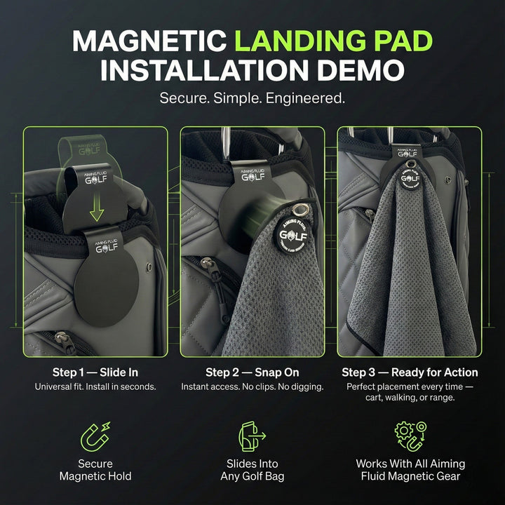 Aiming Fluid Golf magnetic landing pad installation demo showing a grey golf bag with the pad attached and a grey towel magnetically clipped to it.