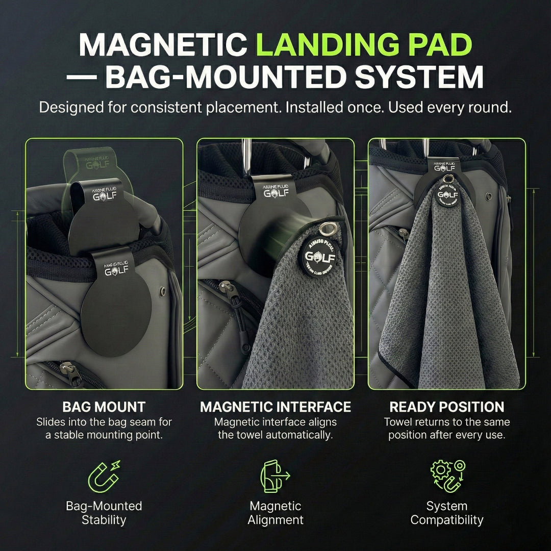 Steel-core Magnetic Landing Pad installed on golf bag for Stubby magnetic towel docking.
