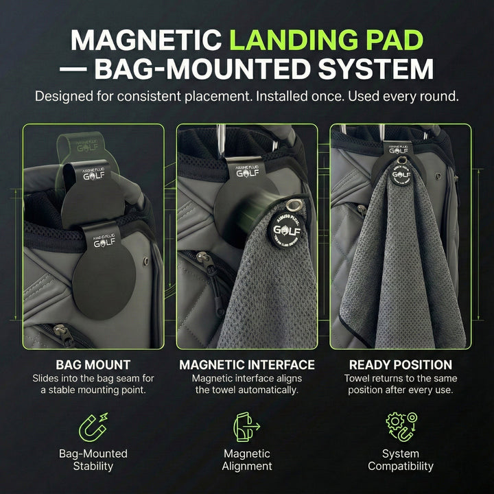 Steel-core Magnetic Landing Pad installed on golf bag for Stubby magnetic towel docking.
