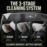Aiming Fluid Golf Magna-Anchor™ Stubby magnetic golf towel in dark grey waffle weave, demonstrating a 3-stage cleaning system: scrub, wash, and dry golf club grooves.