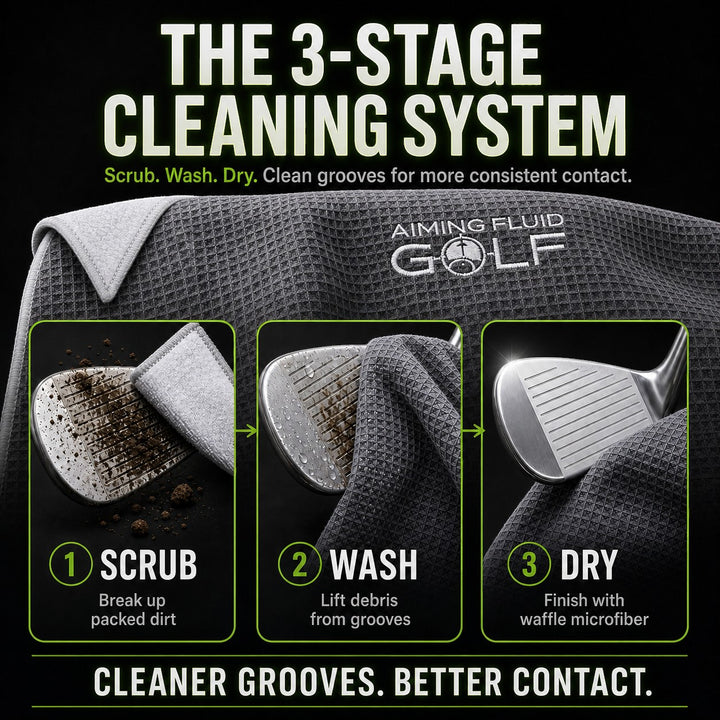 Aiming Fluid Golf Magna-Anchor™ Stubby magnetic golf towel in dark grey waffle weave, demonstrating a 3-stage cleaning system: scrub, wash, and dry golf club grooves.