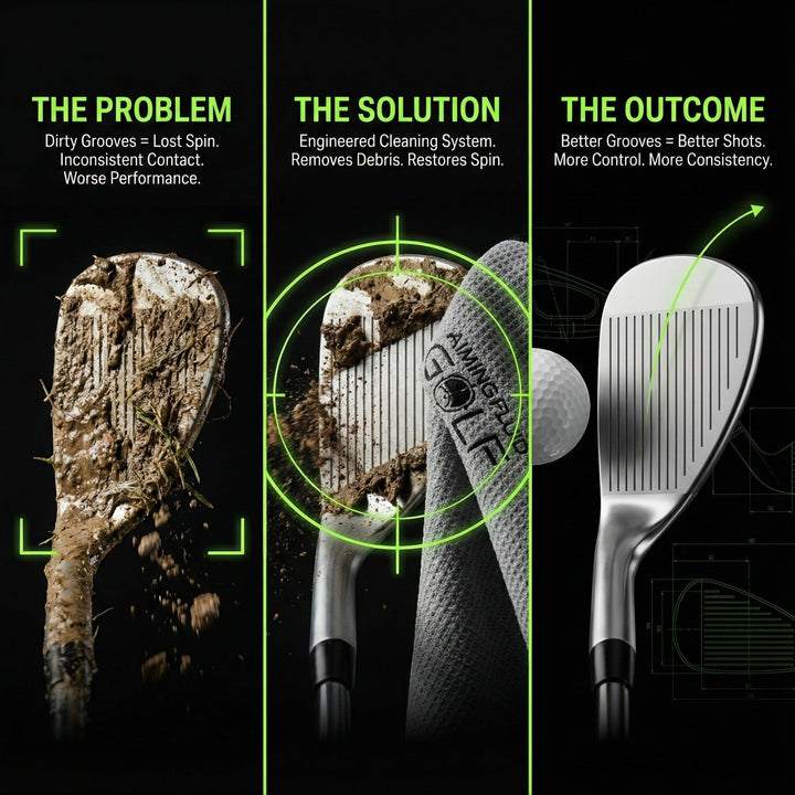 Aiming Fluid Golf light duty magnetic towel cleaning a dirty golf club, showing the problem, solution, and outcome of better grooves and improved performance.