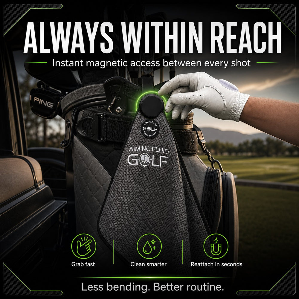 Aiming Fluid Golf Magna-Anchor™ Stubby magnetic golf towel in grey, attached to a golf bag with a magnetic clip.