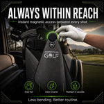 Aiming Fluid Golf Magna-Anchor™ Stubby magnetic golf towel in grey, attached to a golf bag with a magnetic clip.