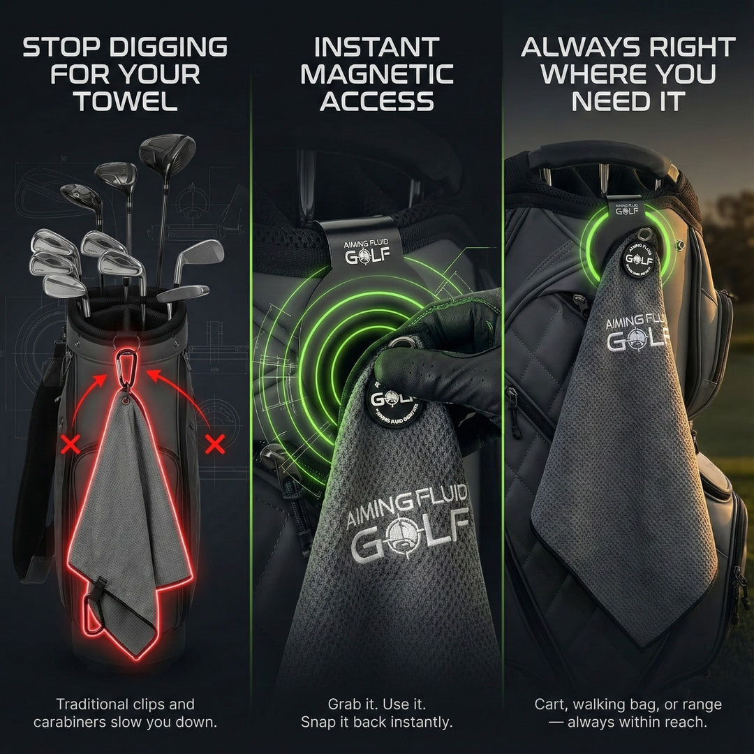 Aiming Fluid Golf light duty magnetic towel and landing pad system for golf bags. Features instant magnetic access and always within reach.