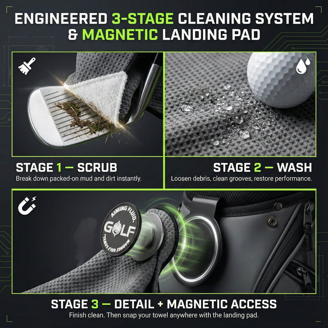 Aiming Fluid Golf light duty magnetic towel system with 3-stage cleaning: scrub, wash, and magnetic access with landing pad.