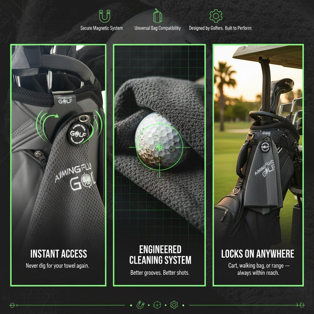 Aiming Fluid Golf dark grey magnetic towel with landing pad attached to a golf bag, showing instant access and engineered cleaning system.