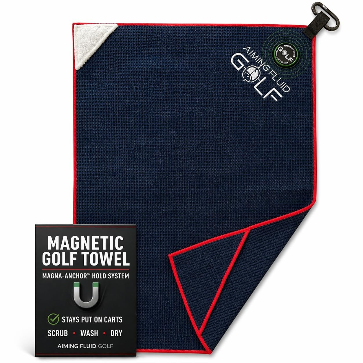 Aiming Fluid Golf navy blue waffle weave magnetic golf towel with red trim and a white corner accent.