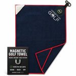 Aiming Fluid Golf navy blue waffle weave magnetic golf towel with red trim and a white corner accent.