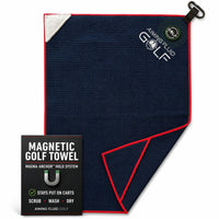 Aiming Fluid Golf navy blue waffle weave magnetic golf towel with red trim and a white corner accent.
