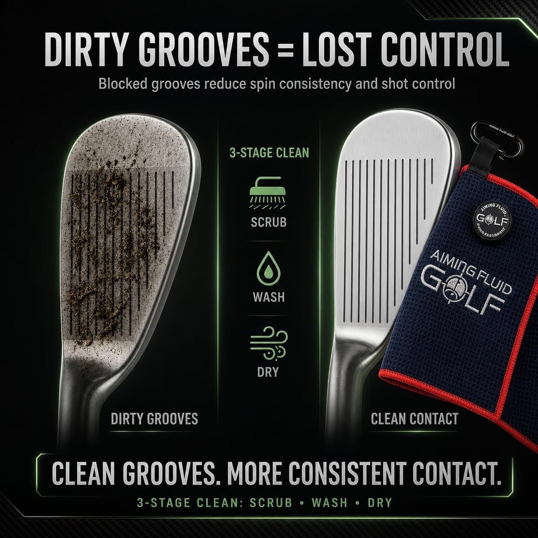 Aiming Fluid Golf navy blue microfiber golf towel with red trim, showing clean club grooves.