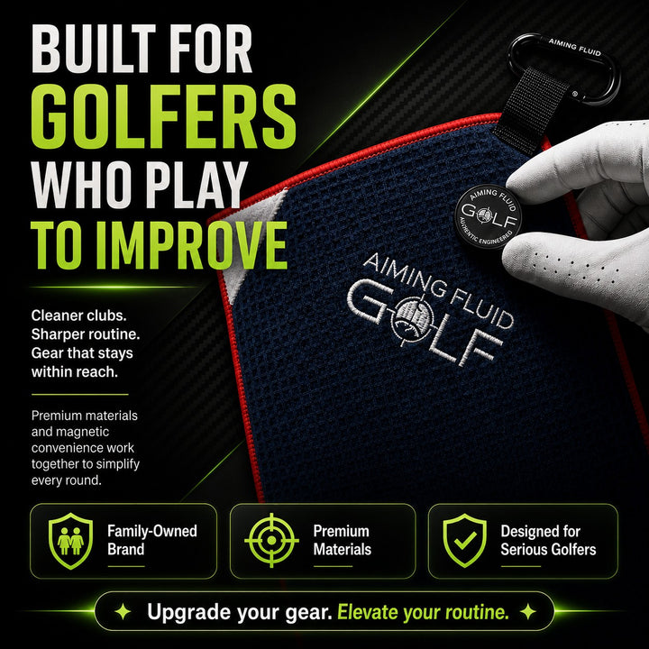 Aiming Fluid Golf navy blue microfiber golf towel with red trim and magnetic attachment, held by a gloved hand.