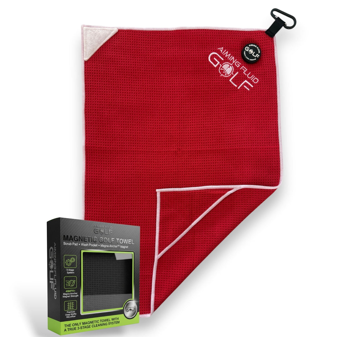 Aiming Fluid Golf red waffle weave magnetic golf towel with white trim and carabiner clip.