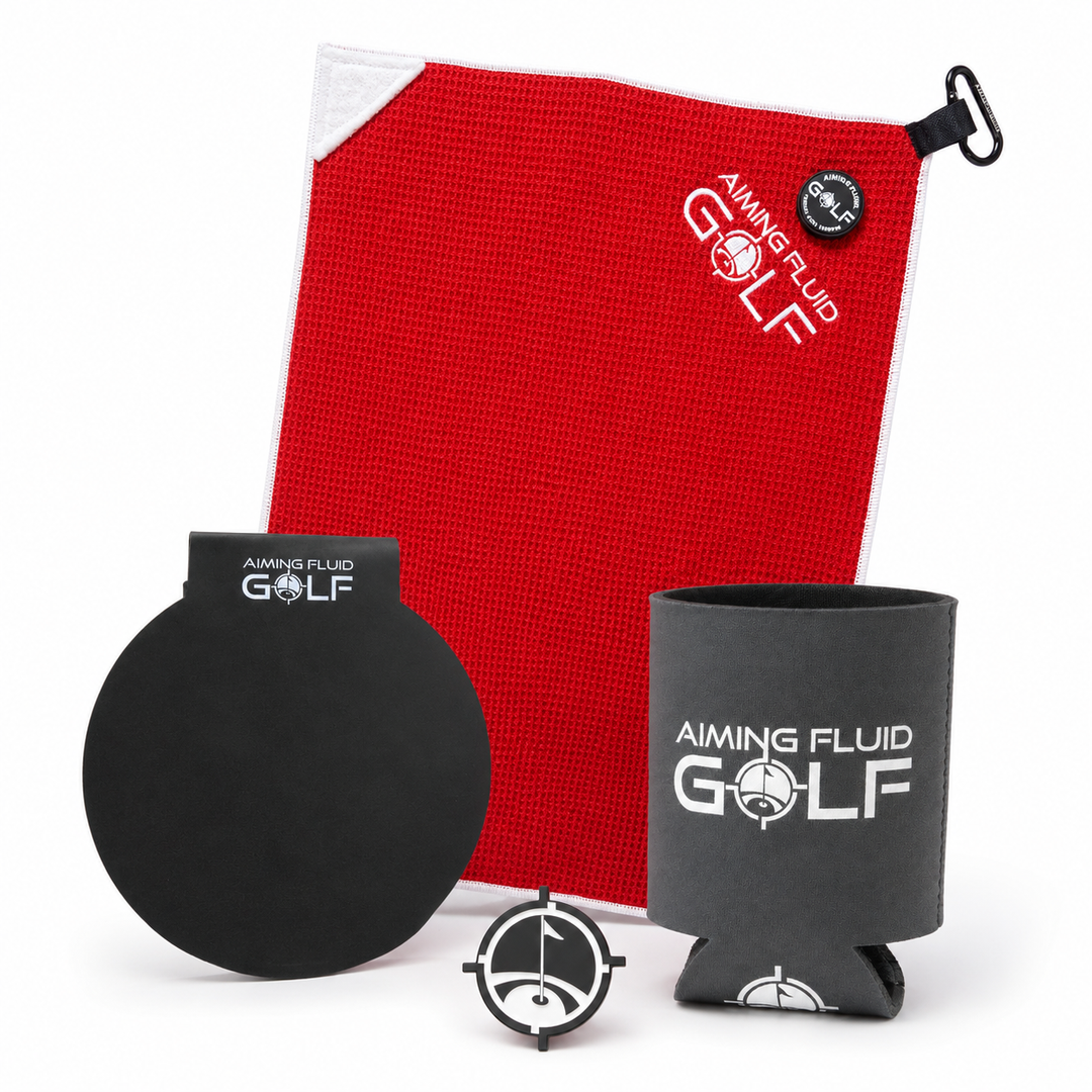 Aiming Fluid Golf bundle with red golf towel, Landing Pad, slate grey koozie and ball marker