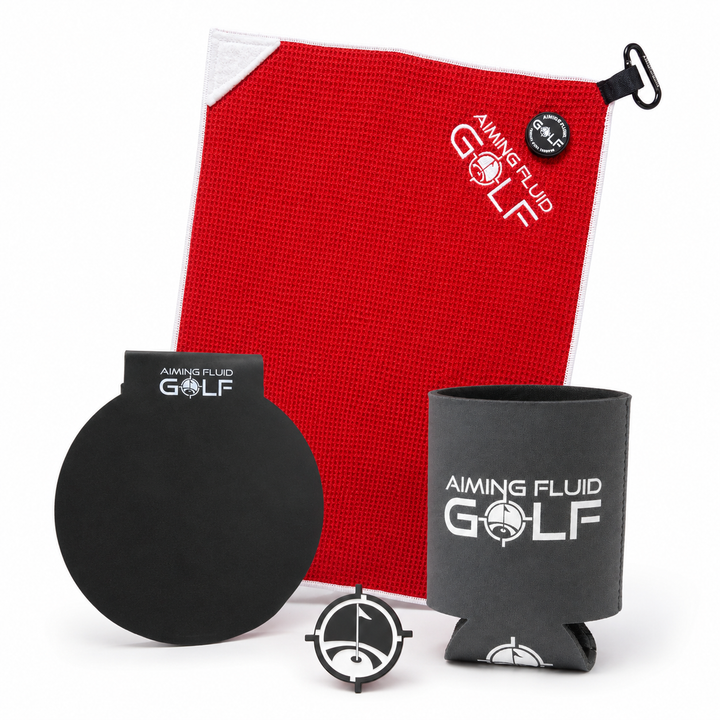 Aiming Fluid Golf bundle with red golf towel, Landing Pad, slate grey koozie and ball marker