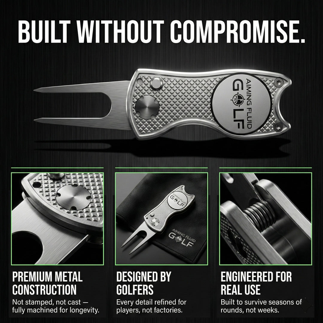 Aiming Fluid Golf silver divot tool construction, spring and metal detail
