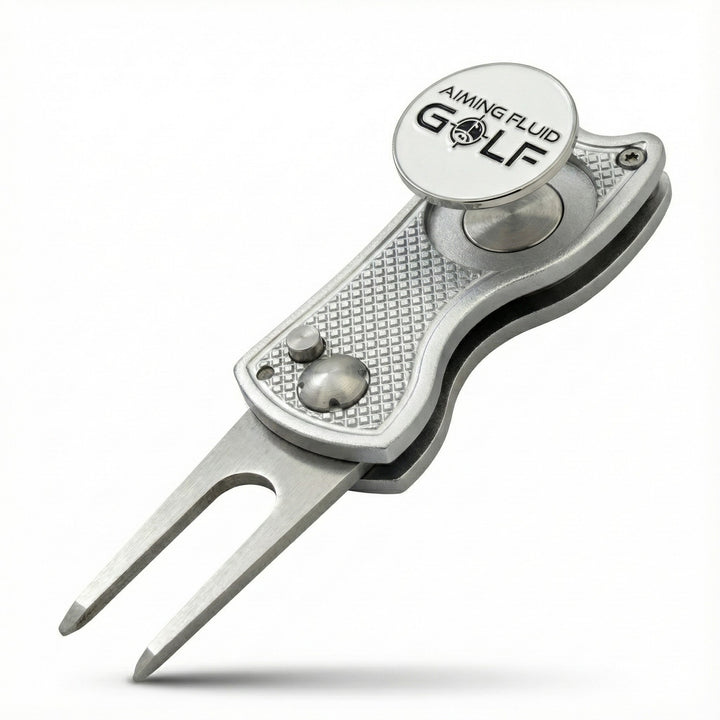 Aiming Fluid Golf silver switchblade divot tool with magnetic ball marker