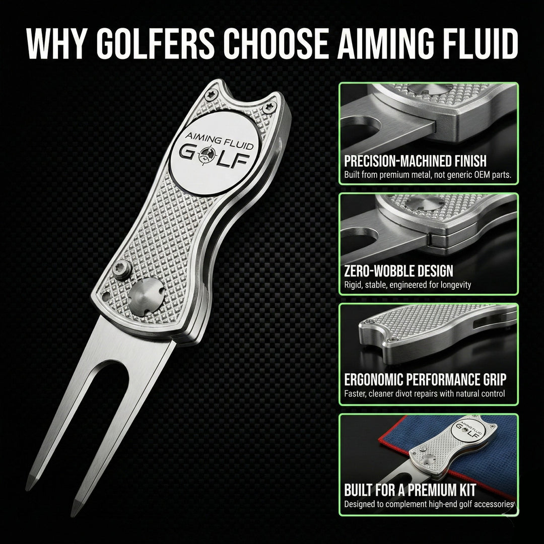 Aiming Fluid Golf silver divot tool premium construction and grip features