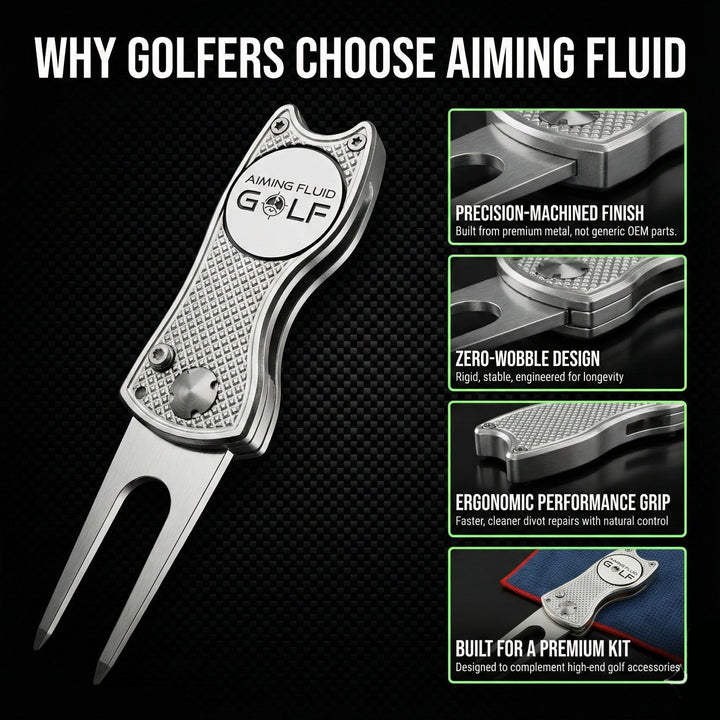 Aiming Fluid Golf silver divot tool premium construction and grip features