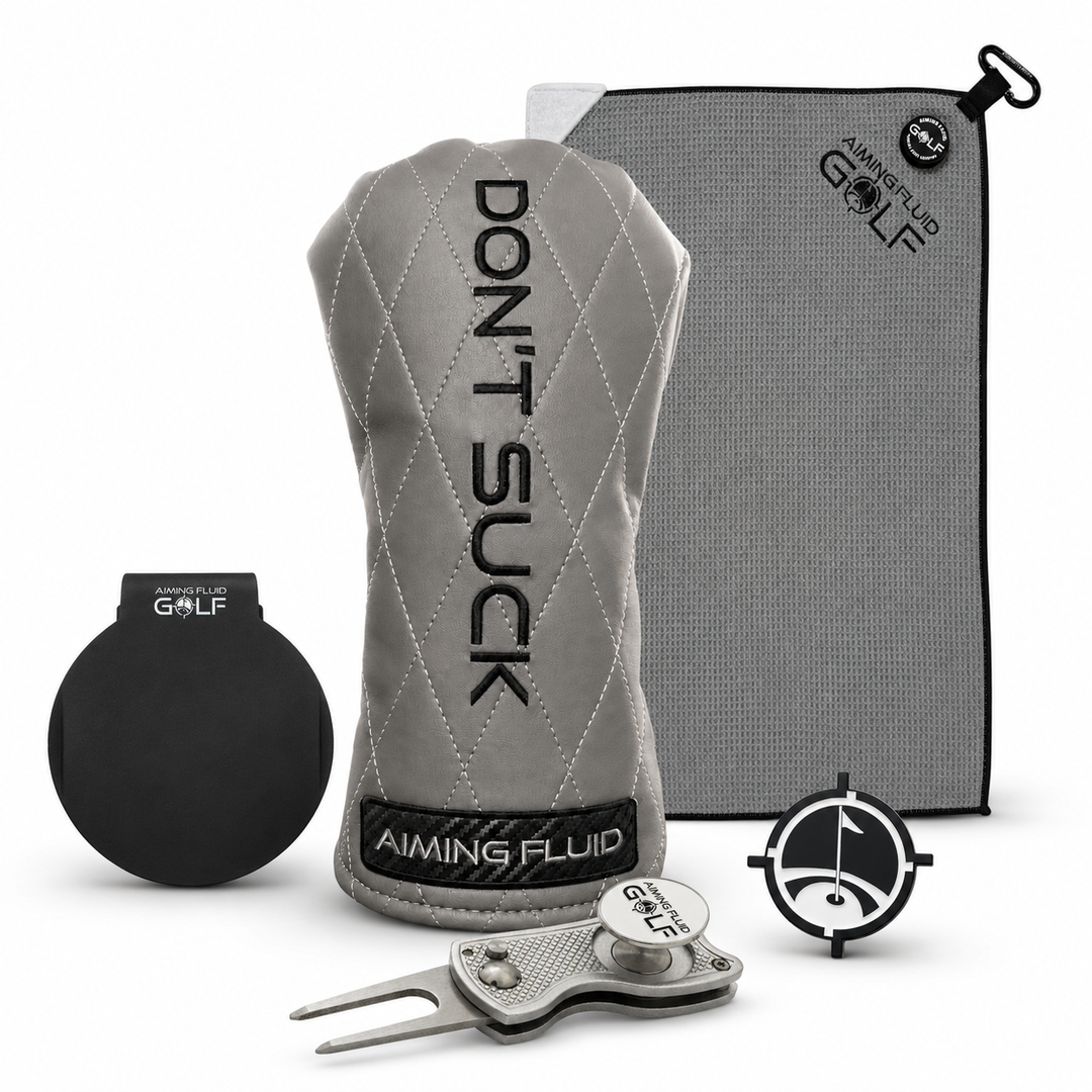 Aiming Fluid Golf Smoke headcover bundle with grey towel, Landing Pad, ball marker and divot tool