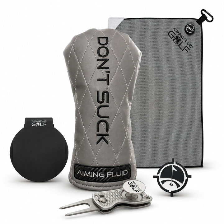 Aiming Fluid Golf Smoke headcover bundle with grey towel, Landing Pad, ball marker and divot tool