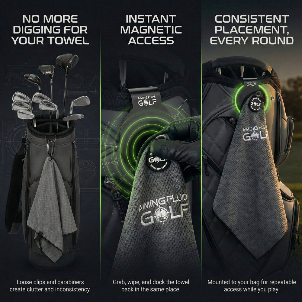 Stubby magnetic golf towel and steel-core Landing Pad system attached to a golf bag.