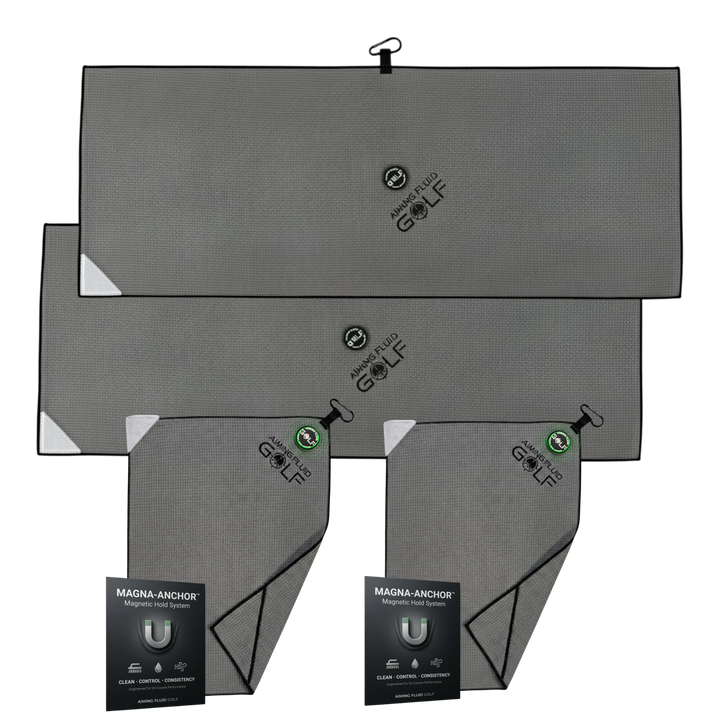 Aiming Fluid Golf grey magnetic towel 4-pack with two Stubby towels and two The 40 towels.