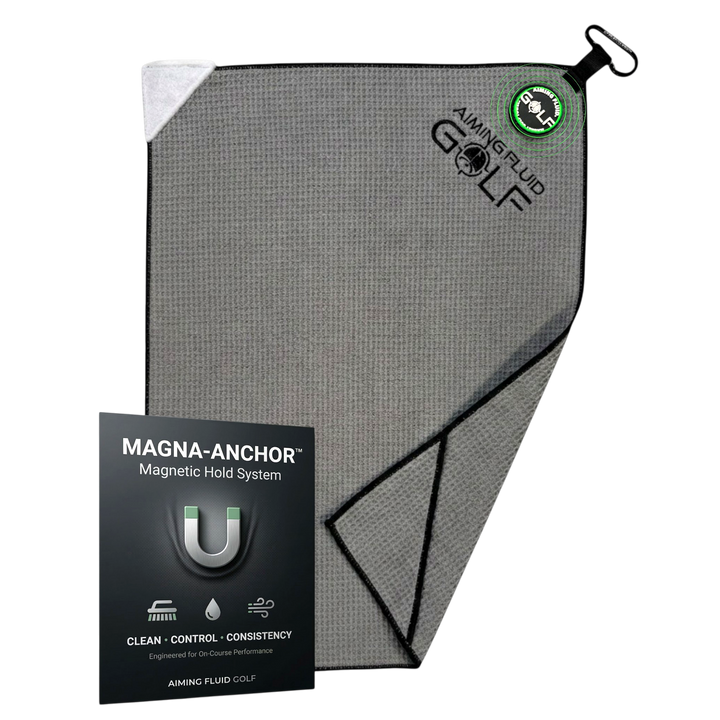 Aiming Fluid Golf Grey Stubby Magna-Anchor magnetic golf towel 4-pack.