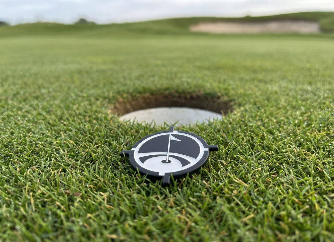 Golf ball marker placed on a putting green next to a golf ball during play