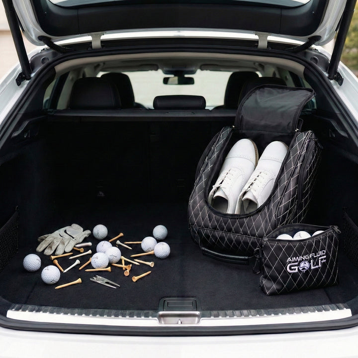Golf trunk showing loose shoes and accessories on one side and the On-Course Organization System shoe bag and utility pouch neatly organized on the other.