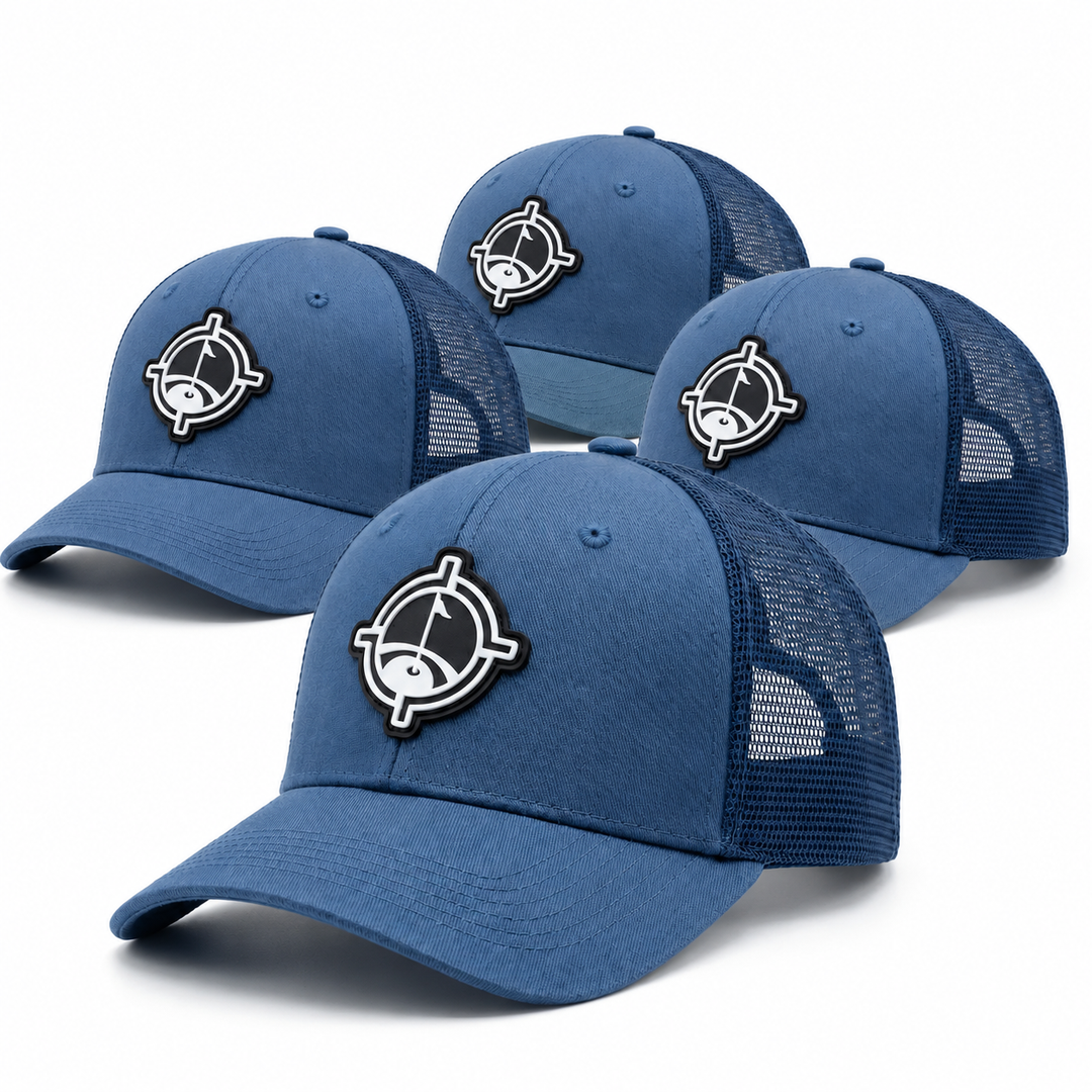 Four matching blue Aiming Fluid Golf mesh-back trucker hats with front logo patches
