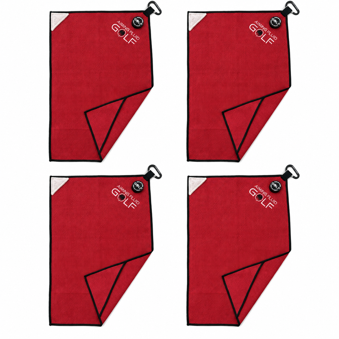 Four After Dark Hotwire Red magnetic golf towels with black trim on a clean white background