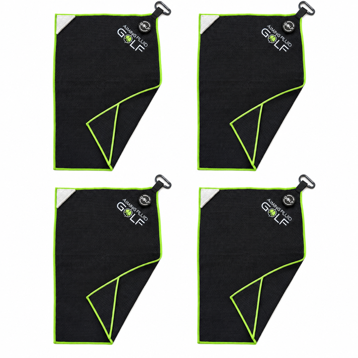 Four After Dark Venom Green magnetic golf towels with black fabric and green trim on a clean white background