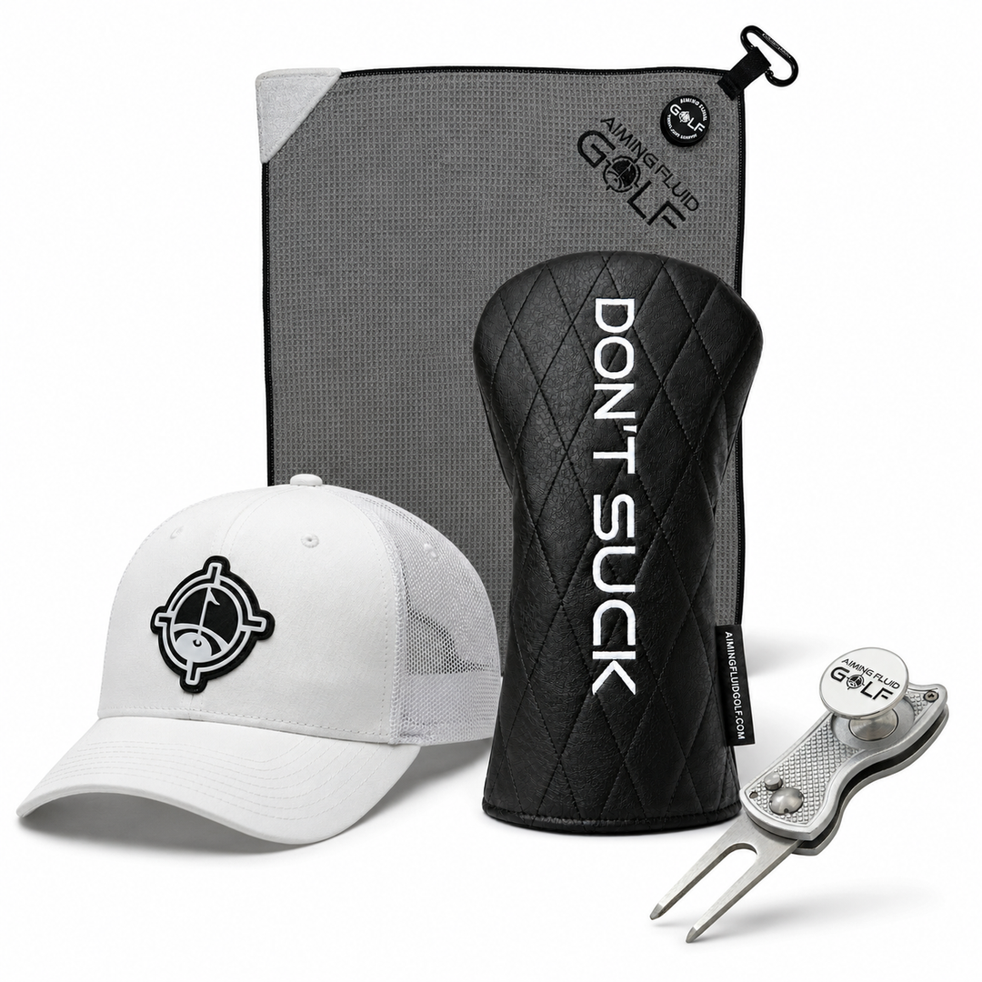 White golf hat, grey Stubby magnetic towel, DON’T SUCK headcover and silver divot tool
