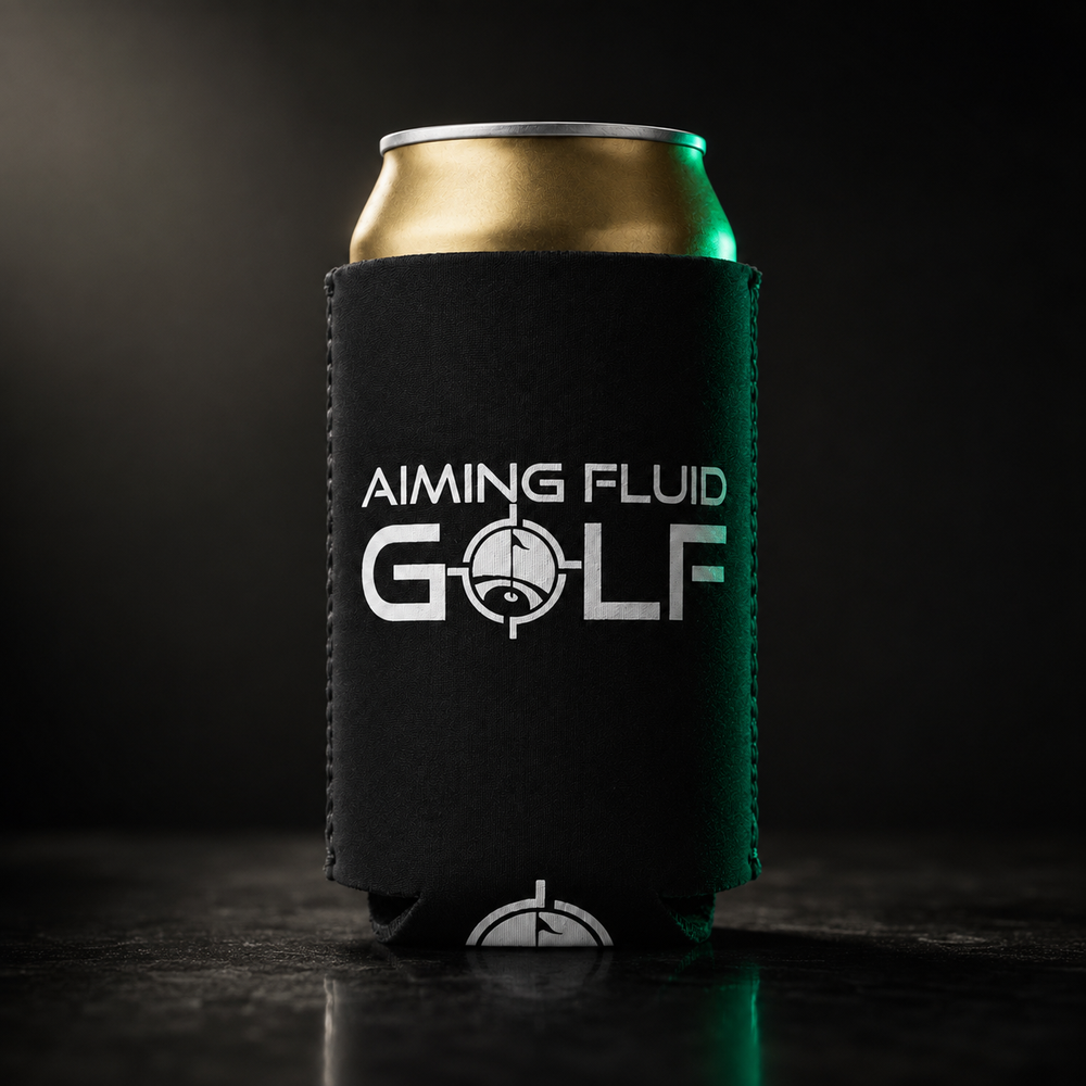 Close-up detail of the Aiming Fluid Golf Don't Suck golf koozie showing the black fabric texture, stitched edge, and white Aiming Fluid Golf logo.