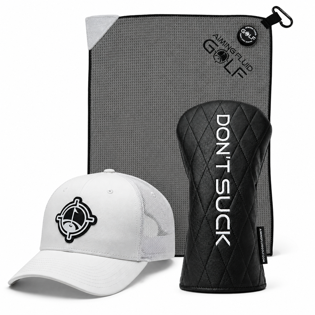 White hat, grey Stubby magnetic golf towel and black DON’T SUCK driver headcover