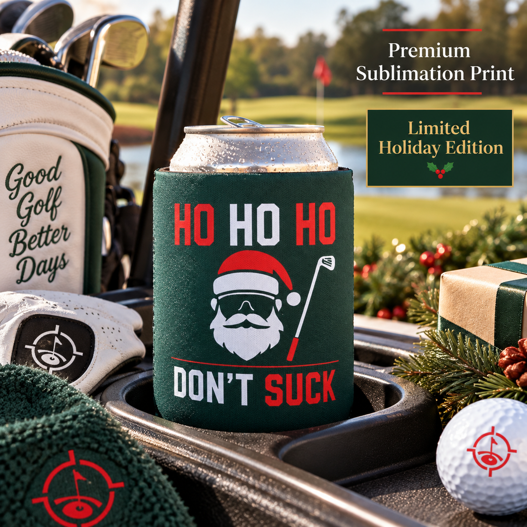 Aiming Fluid Golf Limited Edition Holiday Reserve Series koozie in a golf cart cup holder