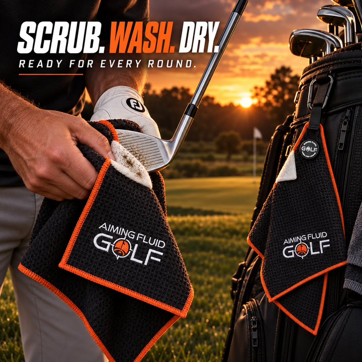 Hazard Orange magnetic golf towel cleaning an iron on the course