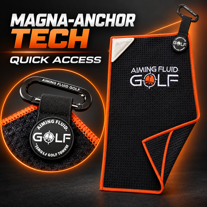 Hazard Orange golf towel with Magna-Anchor Tech and quick-access carabiner
